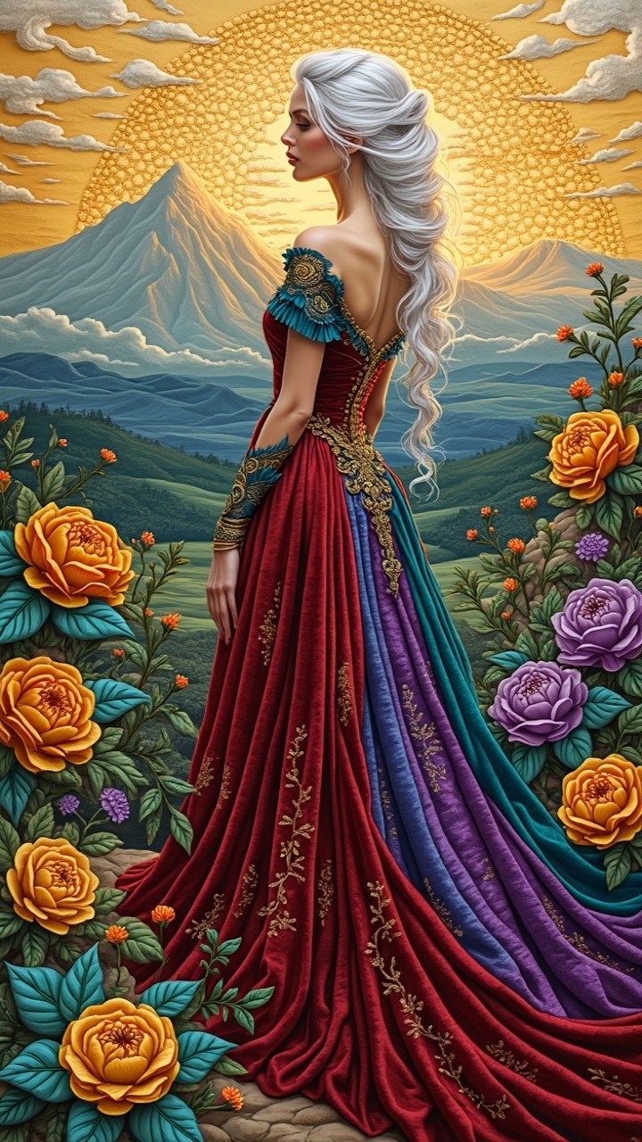 Graceful figure in vibrant gown with floral backdrop