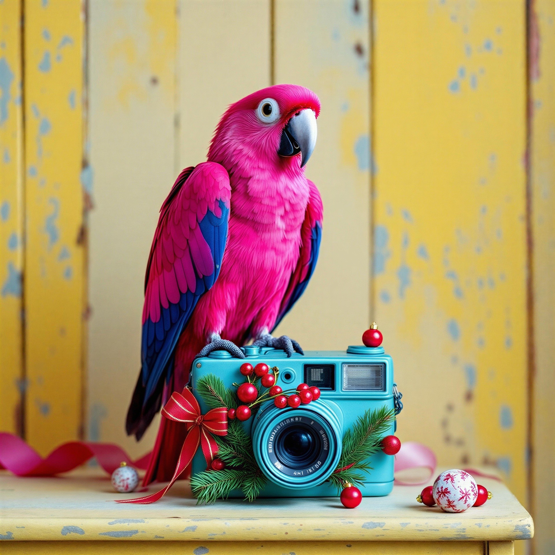 Vibrant Pink Parrot on Retro Teal Camera with Decor