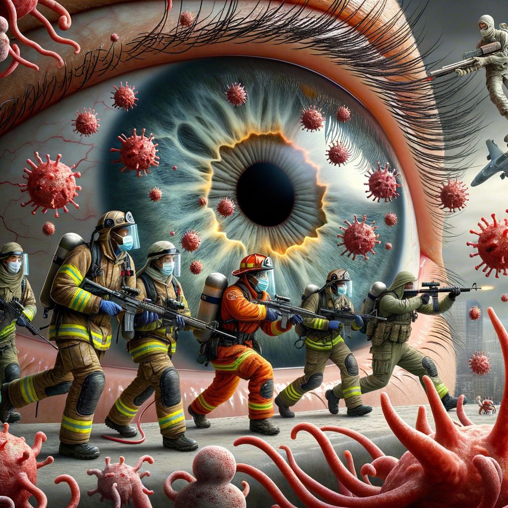 Surreal Scene of Firefighters Facing Viruses and Bacteria