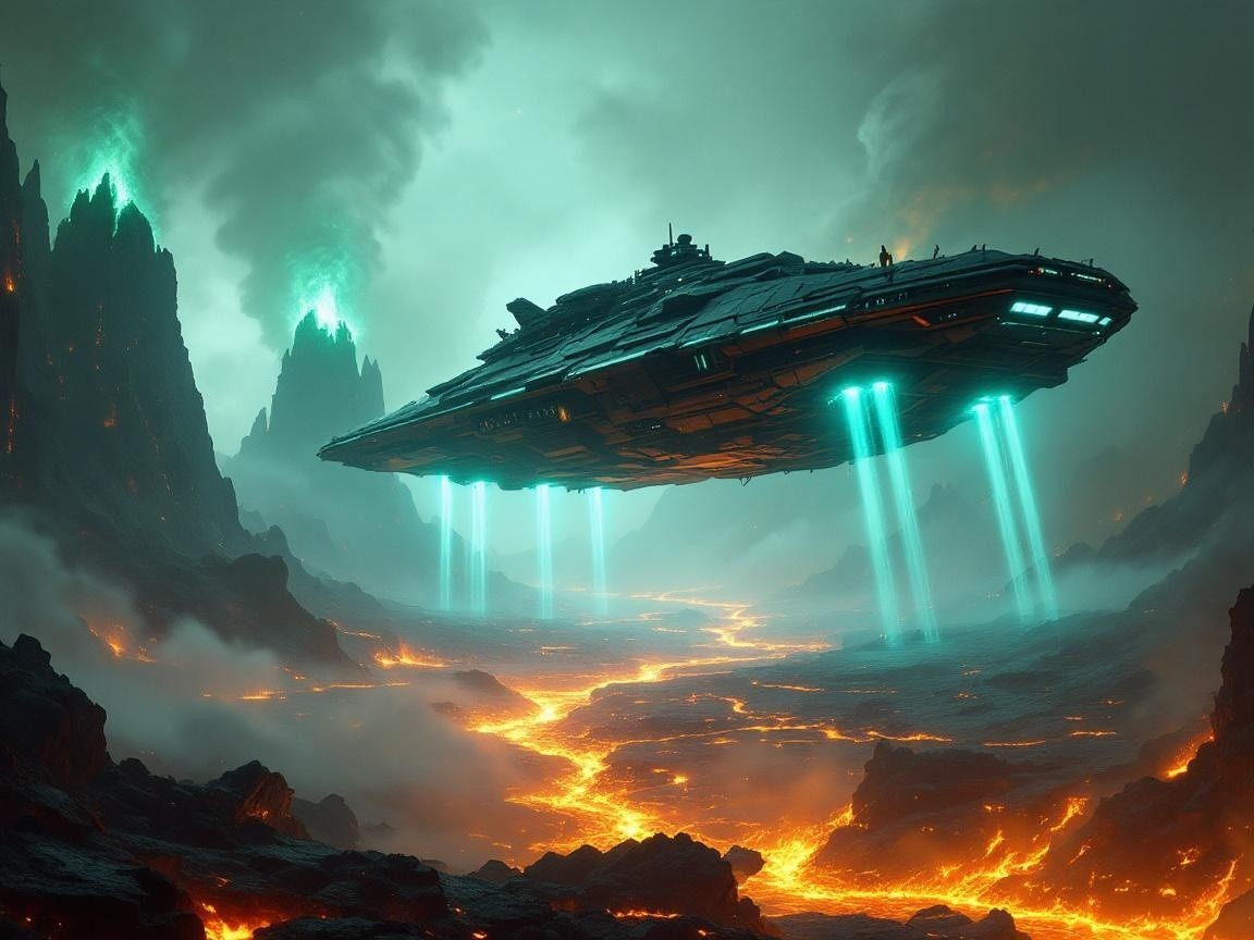 Futuristic Spaceship Over Volcanic Landscape with Lava