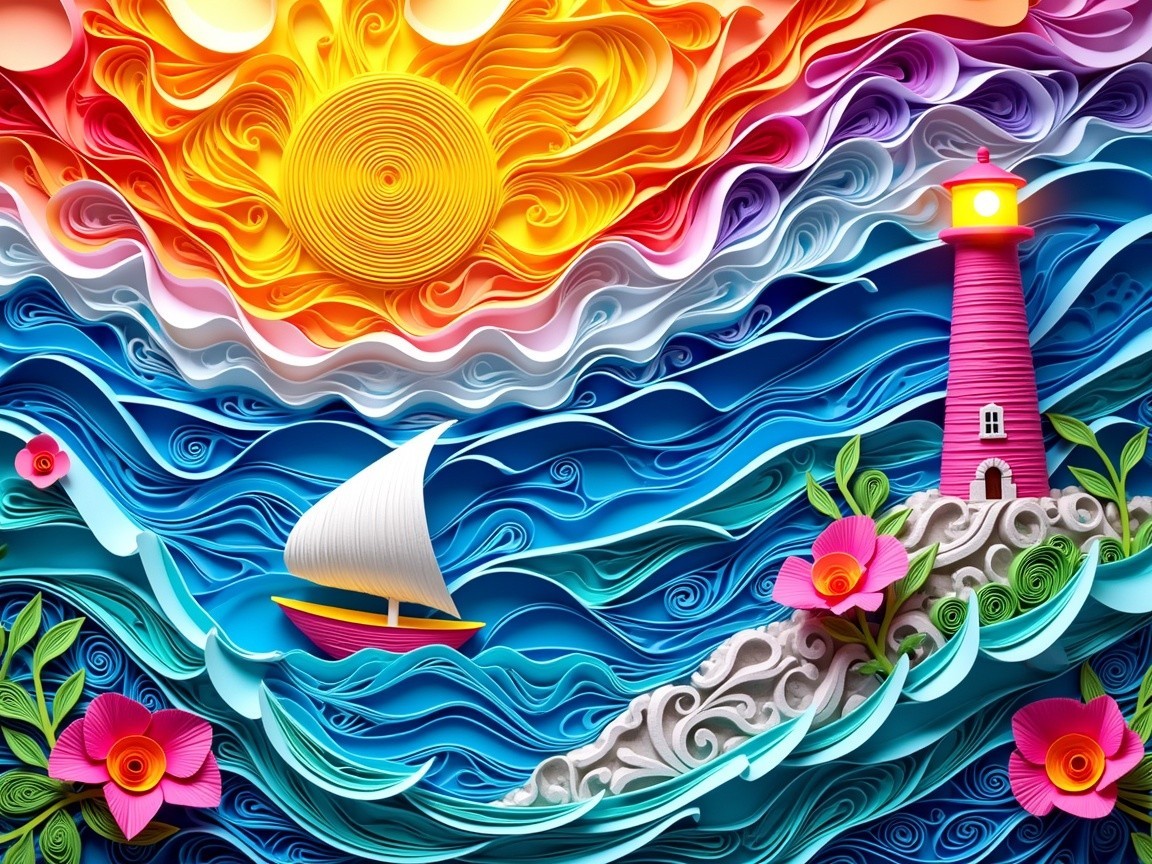 Vibrant Paper Quilling Seascape with Lighthouse and Waves