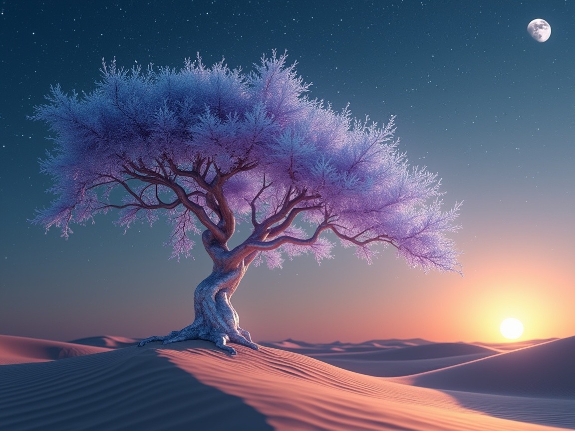 Solitary Tree in Desert at Sunset with Moonlight