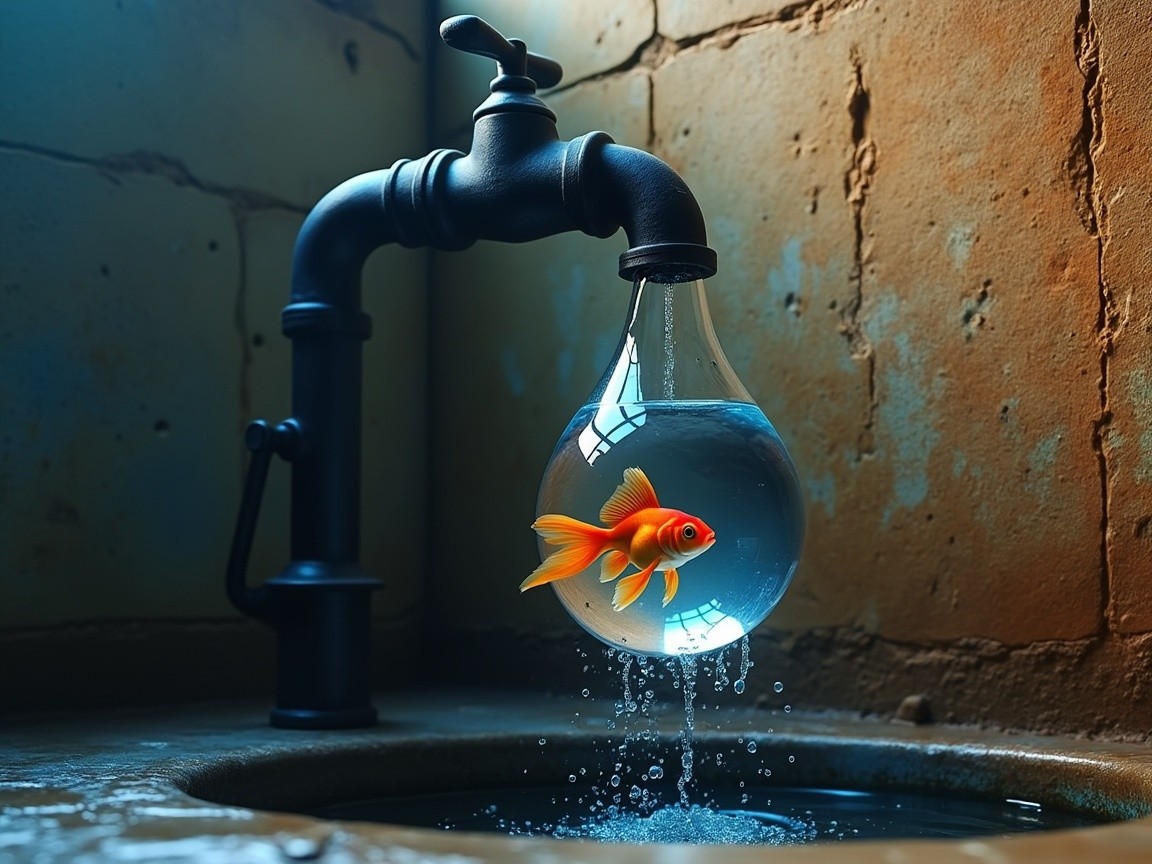 Golden fish in water droplet from vintage faucet