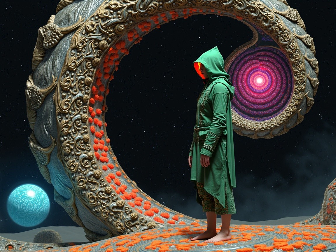 Cloaked Figure Before Intricate Cosmic Portal
