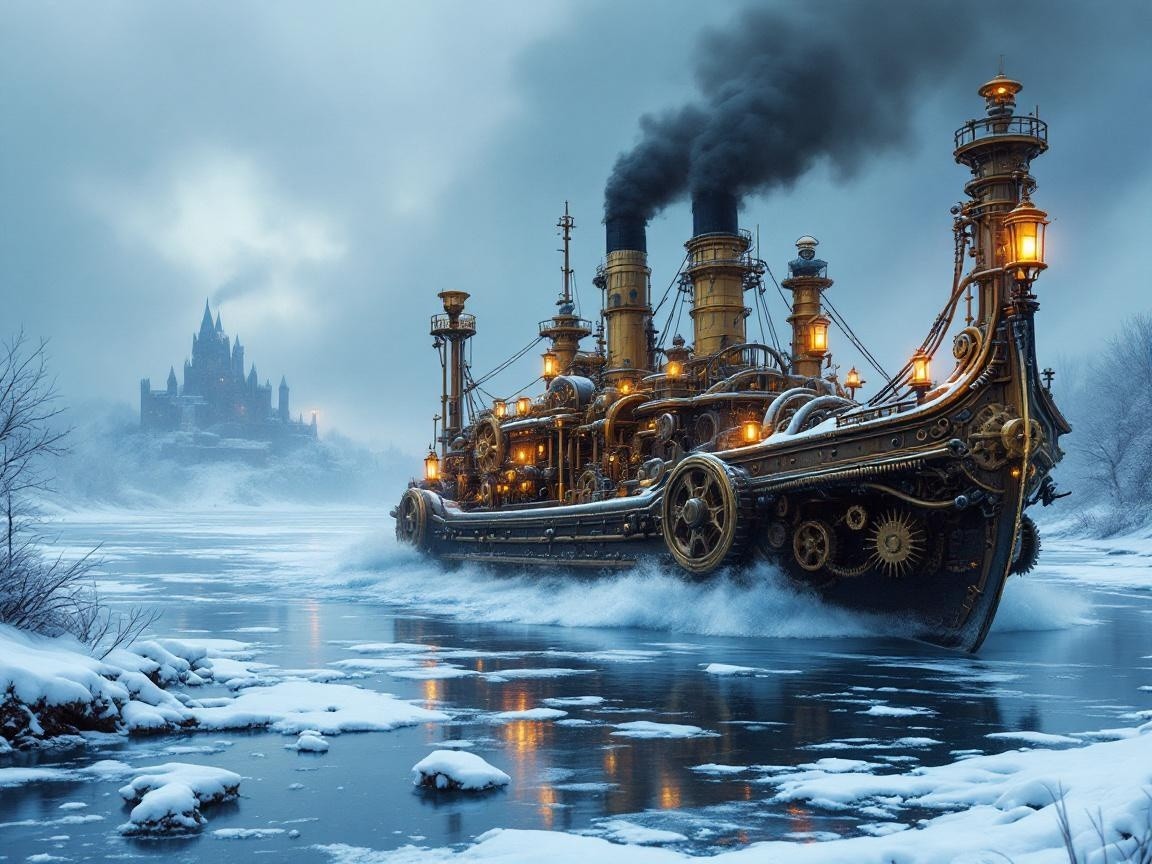 Steampunk Ship in Icy Waters with Castle Background
