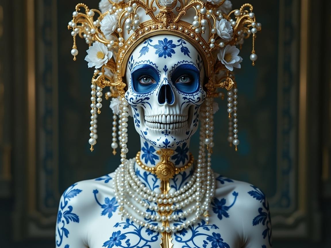 Intricate Floral Patterns and Skull Makeup Design