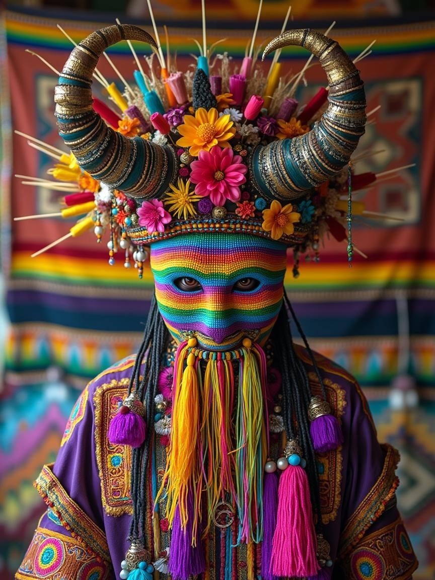 Vibrant Traditional Figure with Colorful Outfit and Headdress