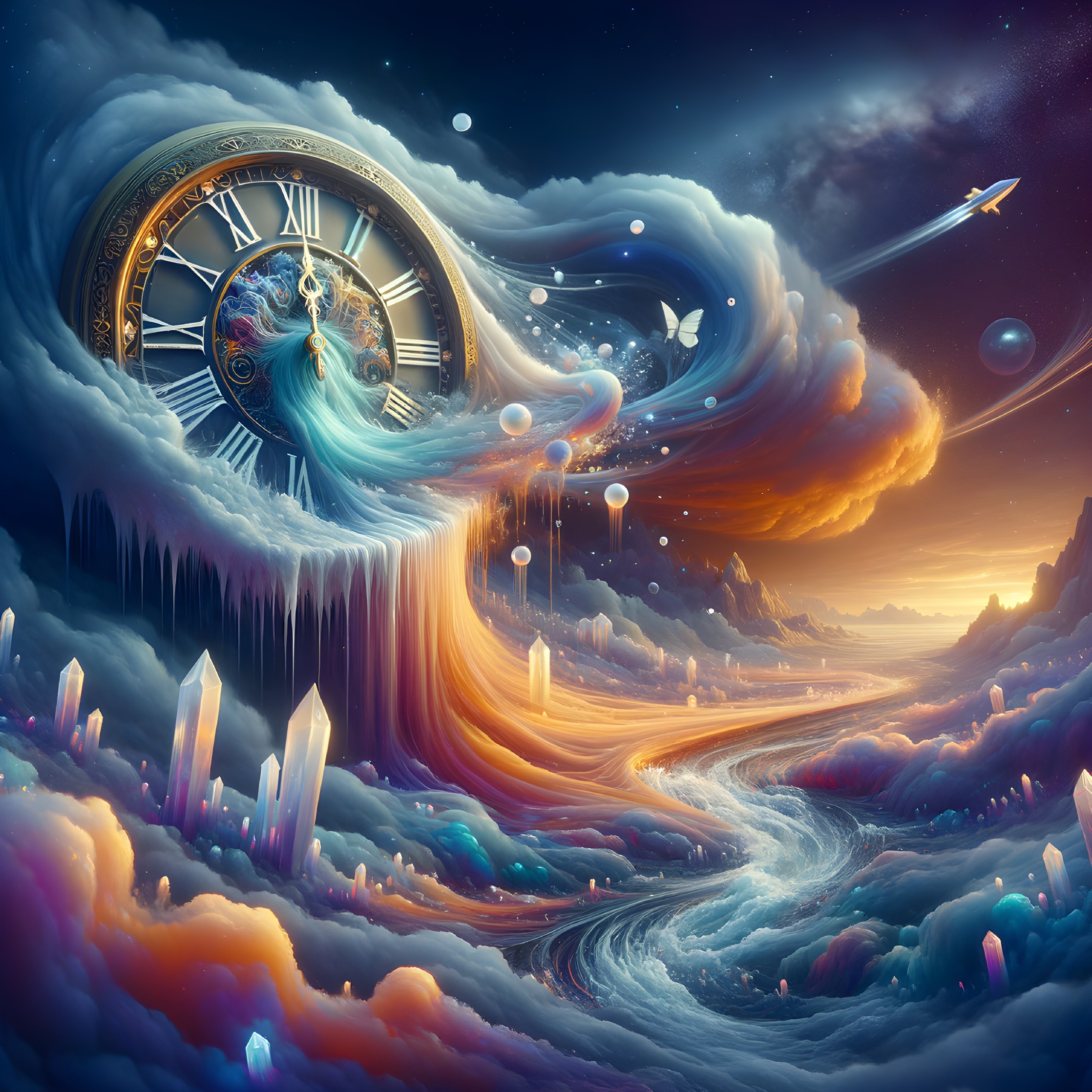 Grand clock merges with cloud-like formations in surreal landscape