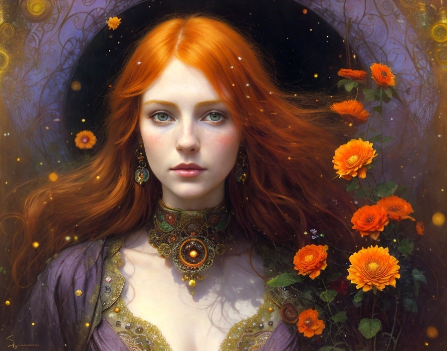 Vibrant painting of woman with red hair in purple dress among orange flowers