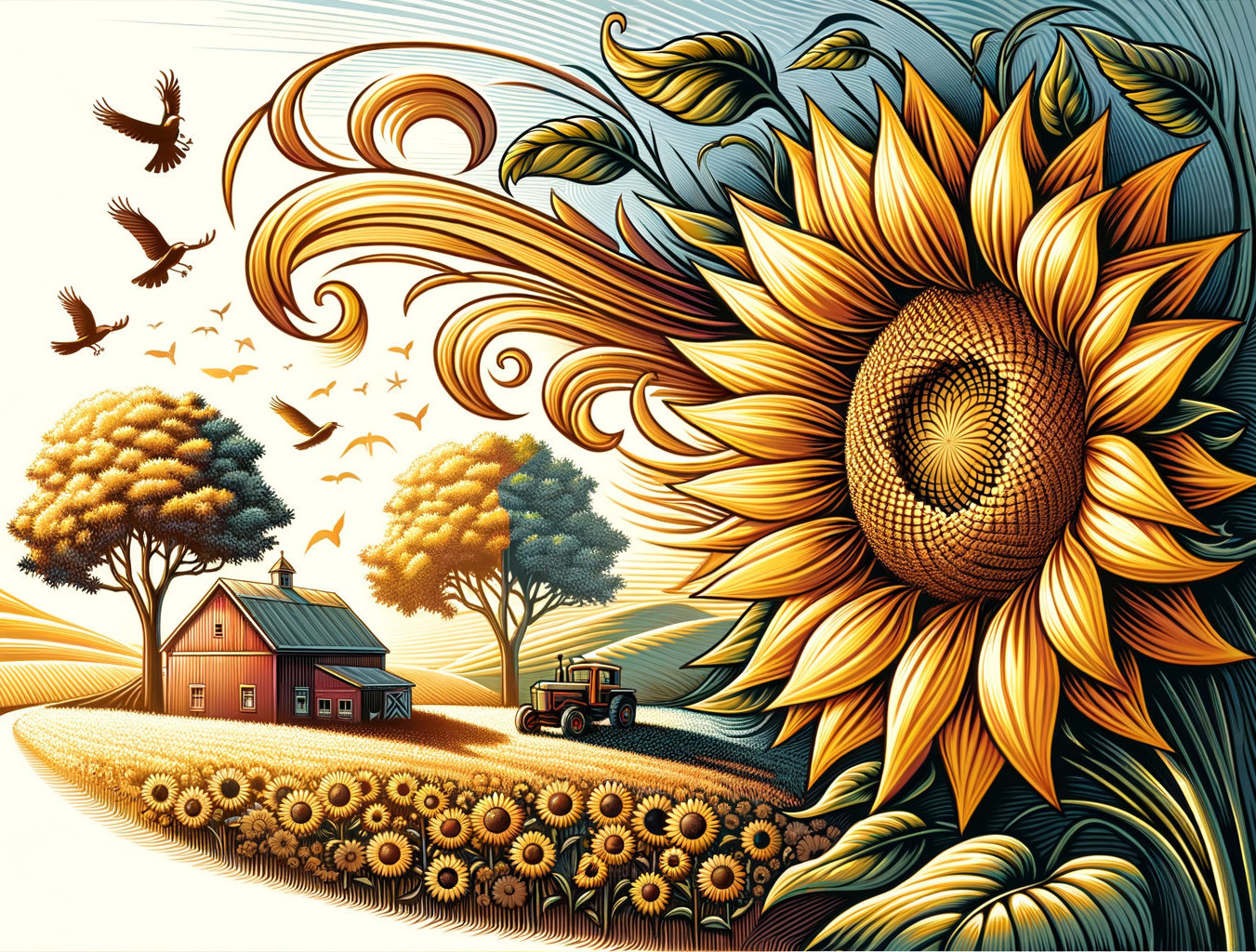 Vibrant Rural Landscape with Sunflower and Farmhouse