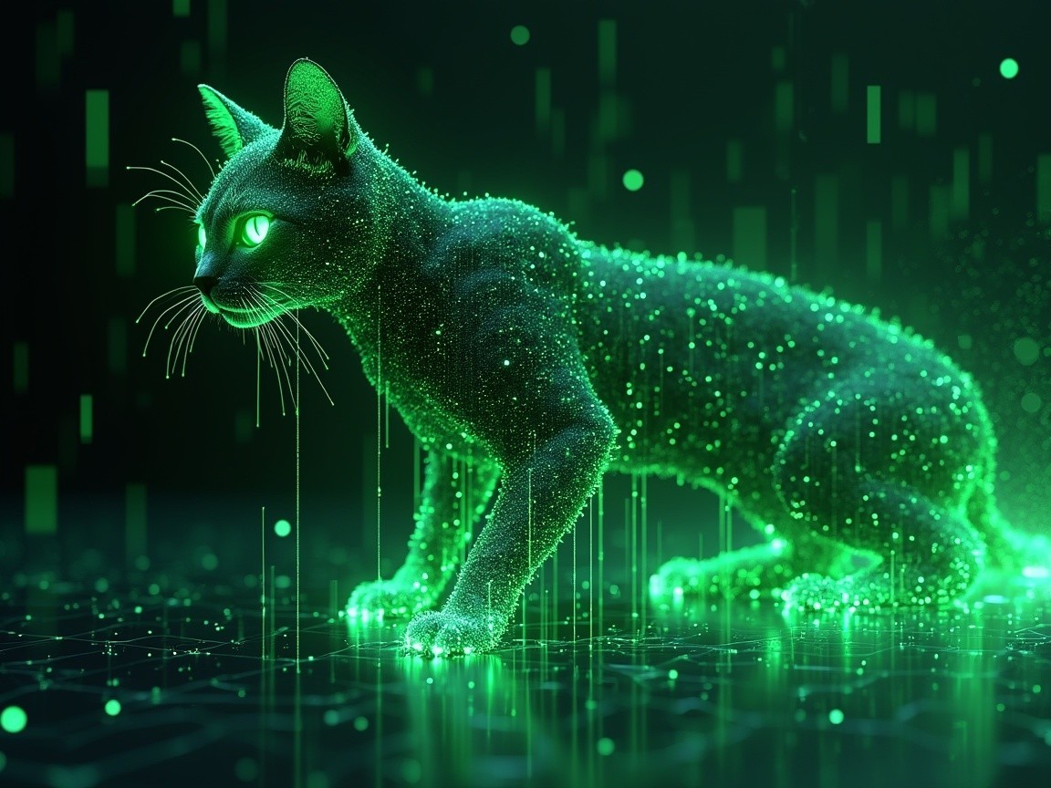 Cybernetic Cat in Luminous Green with Digital Patterns