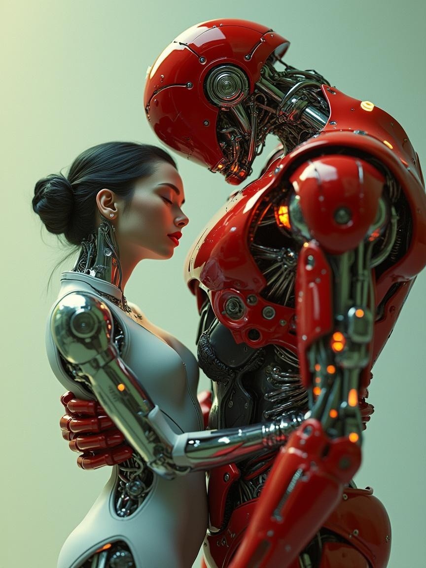 Futuristic Scene of Robot and Cyborg Embracing