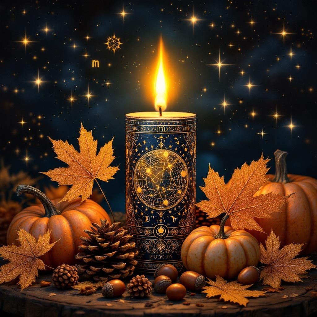Mystical Candle Surrounded by Autumn Harvest Decor