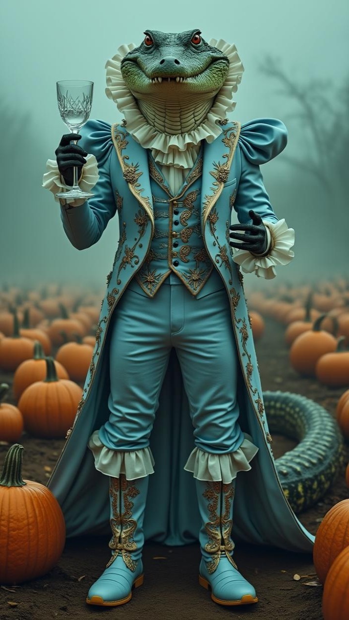Lizard in Elegant Blue Costume in Foggy Pumpkin Patch