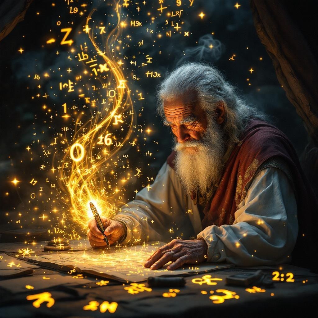 Ancient scholar writing with magical symbols around him