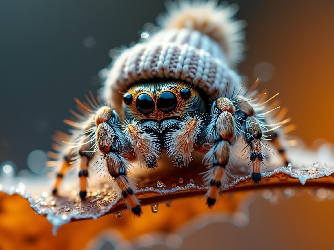 Fluffy Spider on Leaf with Knitted Hat and Dew Drops