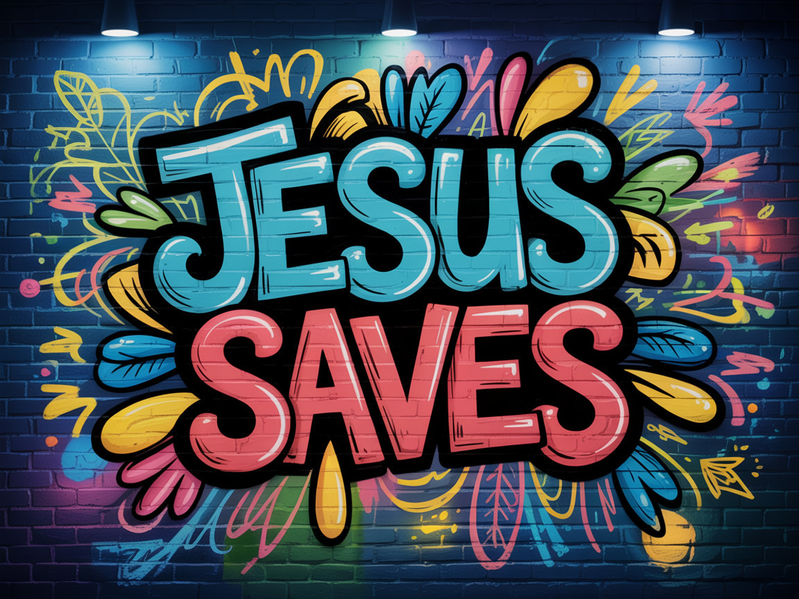 Vibrant Graffiti Mural with "Jesus Saves" Text
