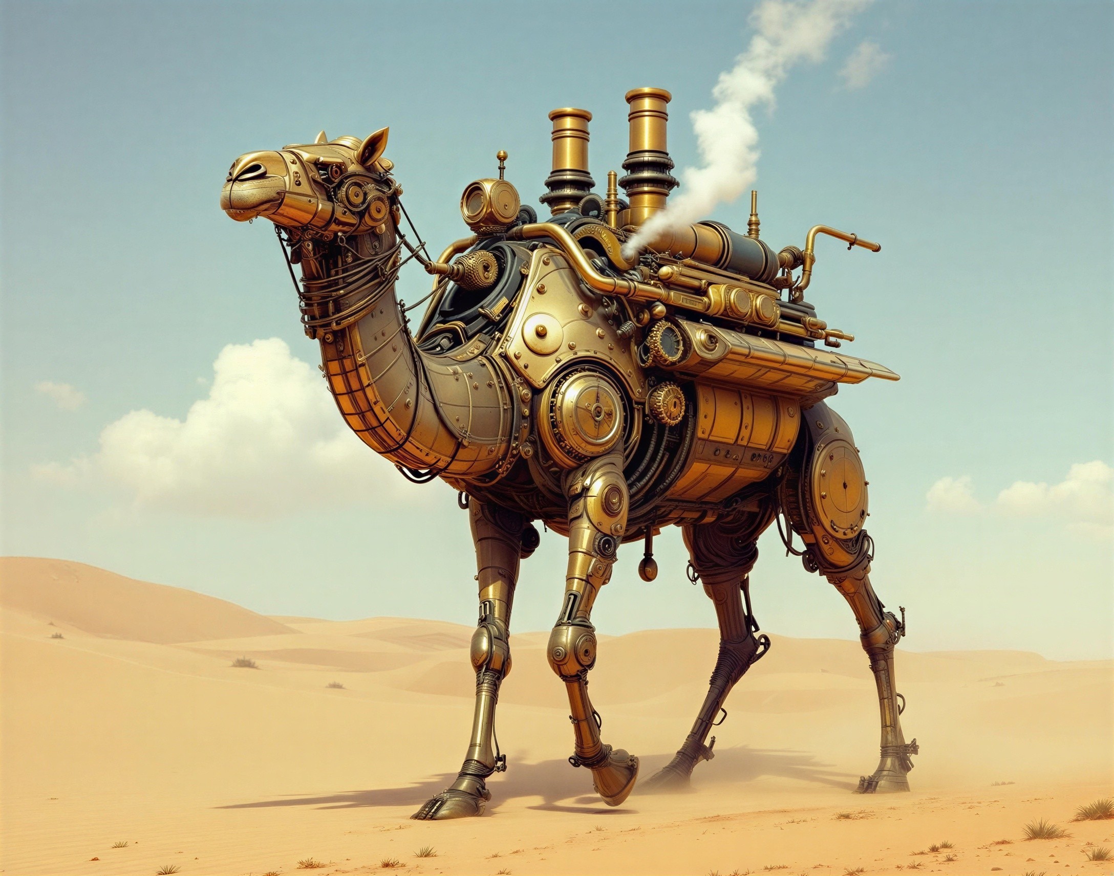 Steampunk Camel in Desert Landscape with Gears