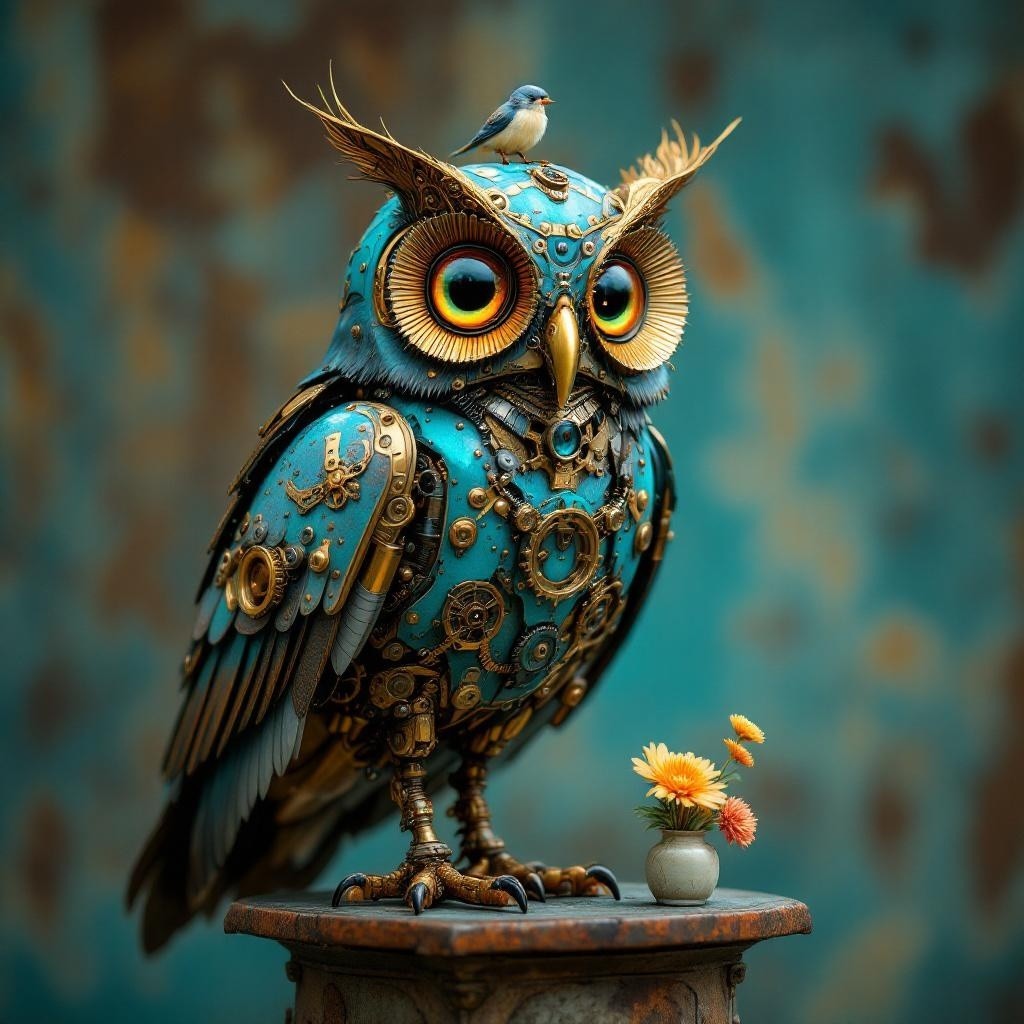 Whimsical Steampunk Owl with Gears and Flowers