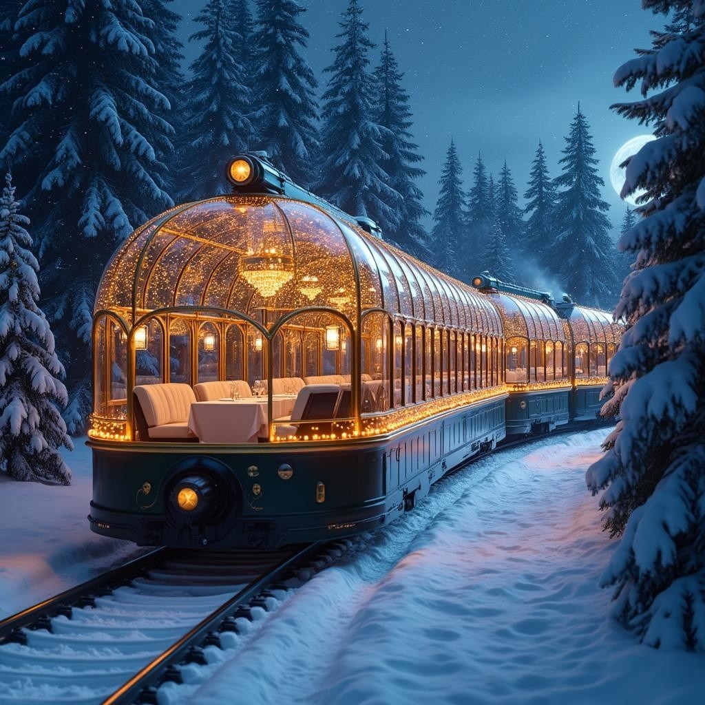 Illuminated Train in Snowy Forest at Night