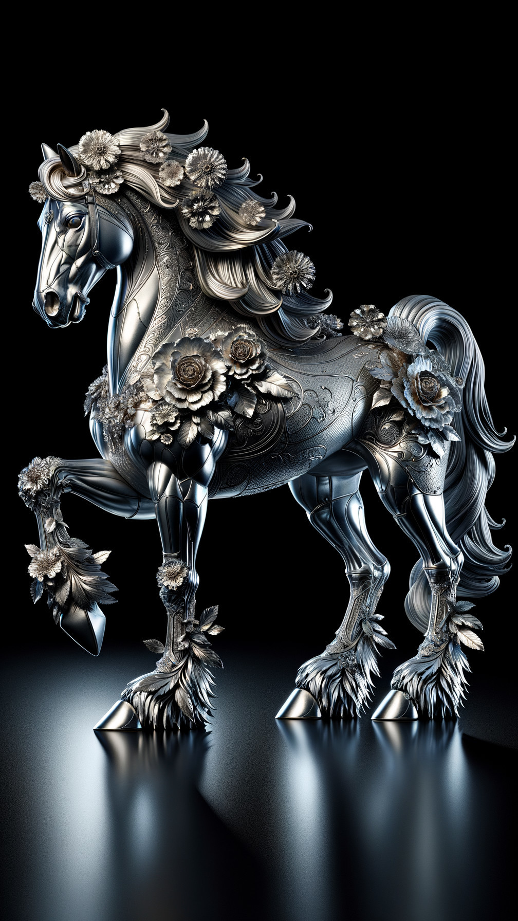 Ornate Metal Horse Sculpture with Floral Patterns
