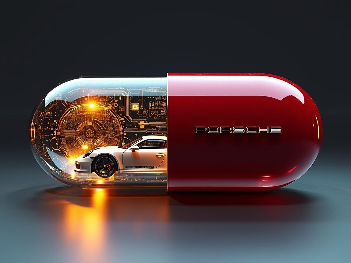 Miniature Porsche in Red Capsule with Circuit Patterns