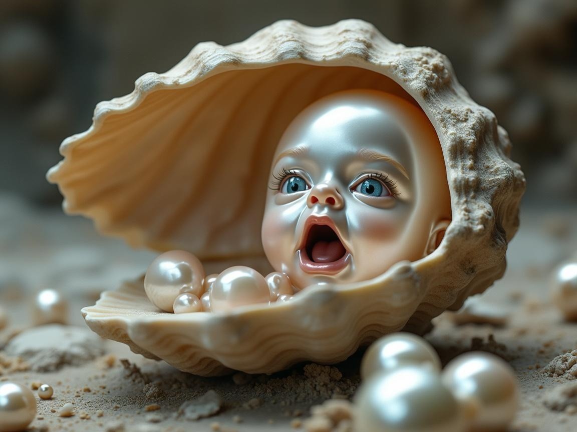 Surreal Baby Doll in Seashell with Pearls Background