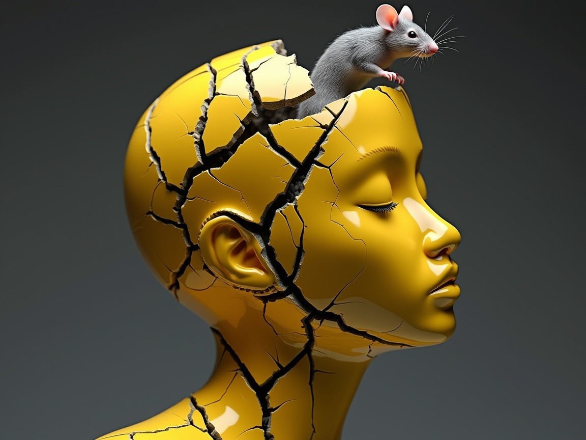Yellow Mannequin Head with Cracks and Mouse Symbolism