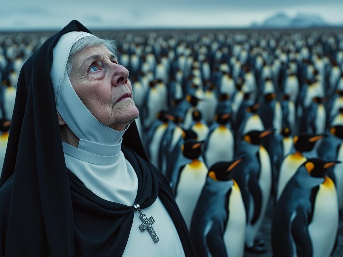 Elderly Nun Surrounded by Emperor Penguins in Clouds