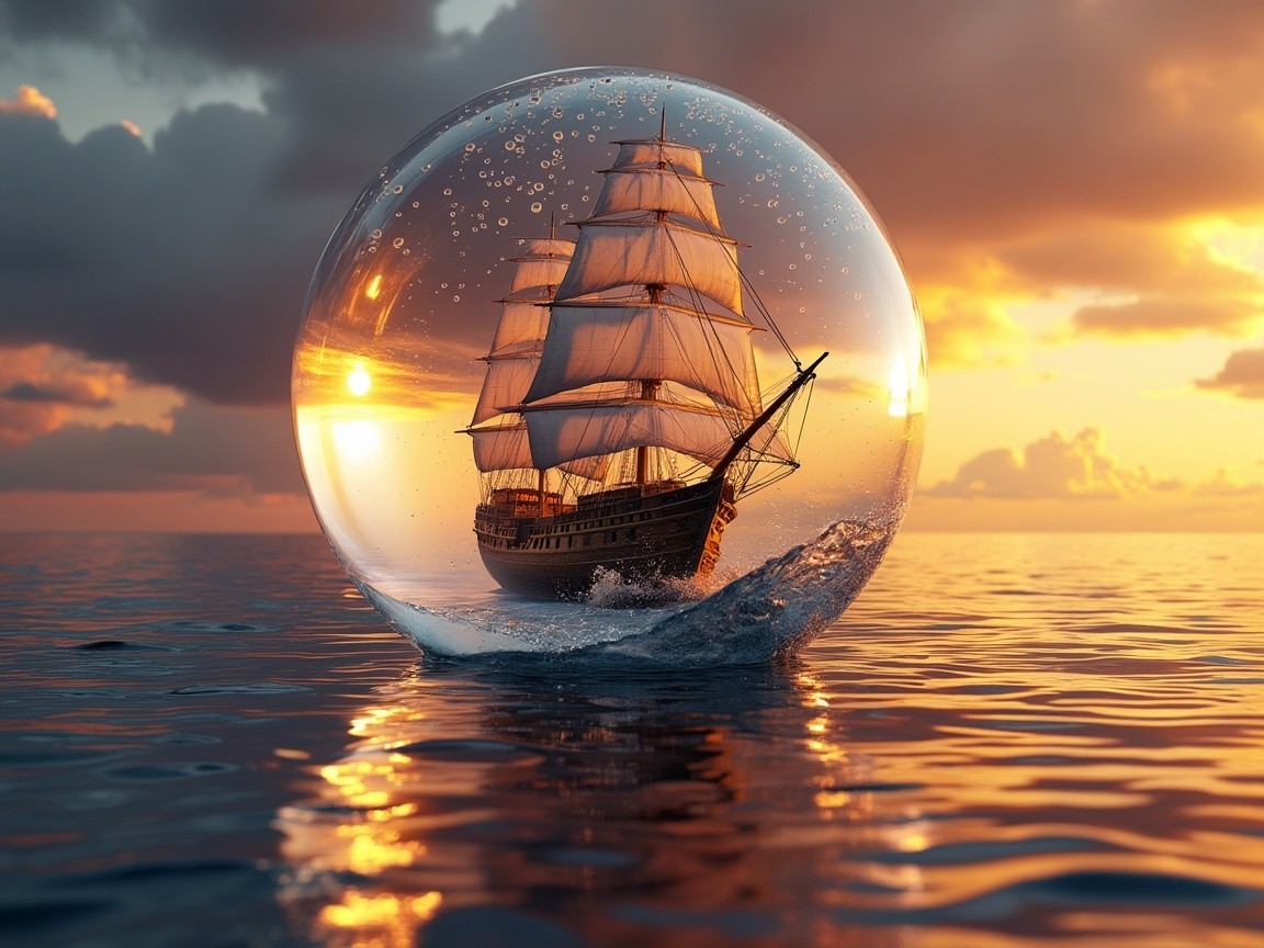 Tall ship in a bubble amidst shimmering sunset waters