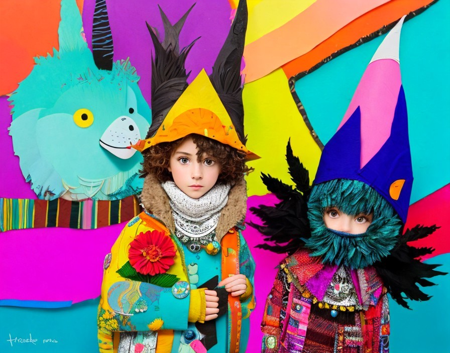 Children in colorful costumes with whimsical hats on vibrant geometric backdrop