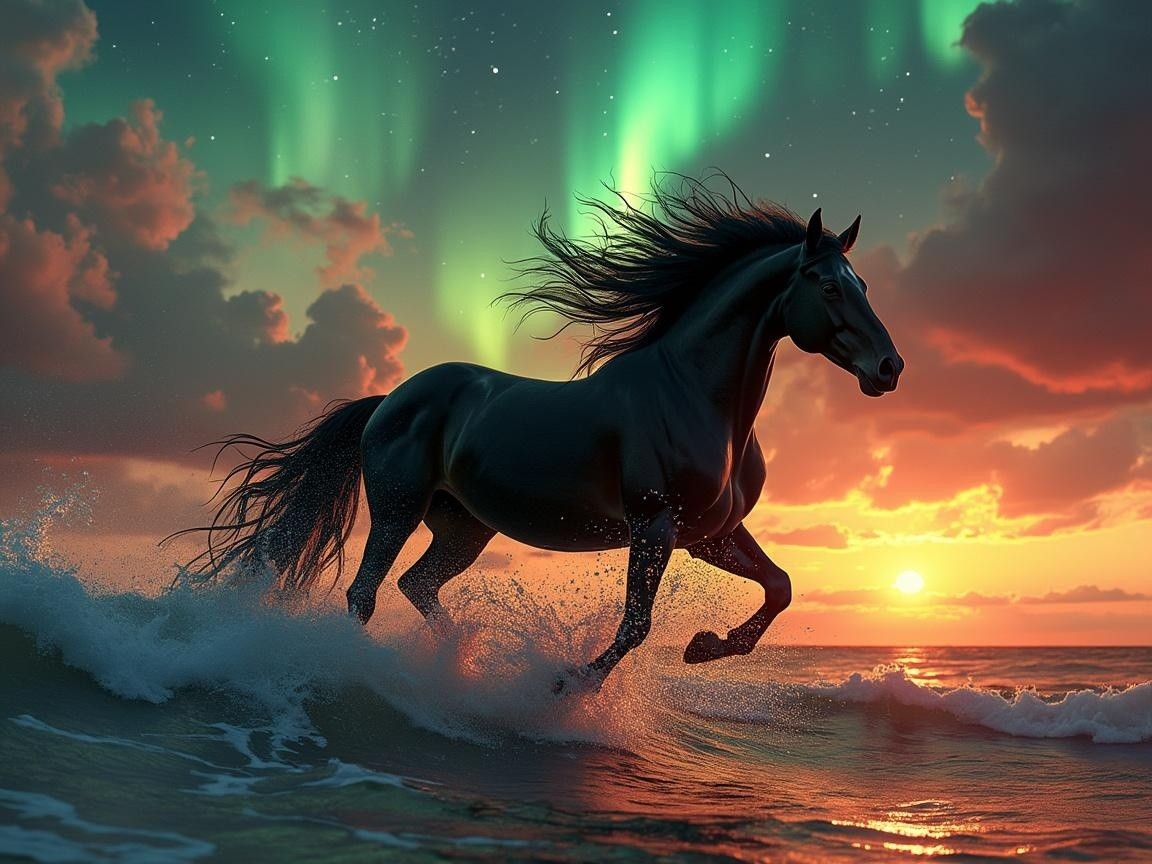 Black Stallion Galloping Through Ocean Waves at Twilight