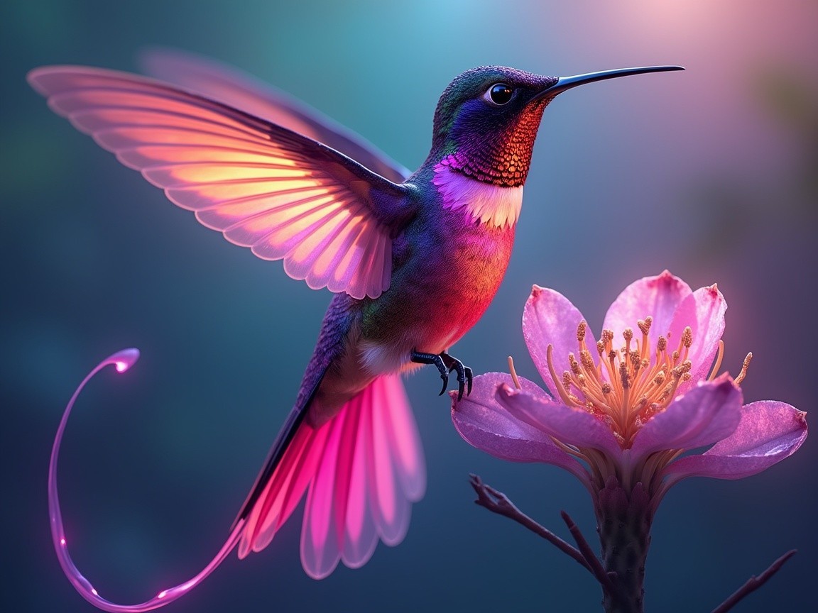 Hummingbird Near Flower with Iridescent Feathers