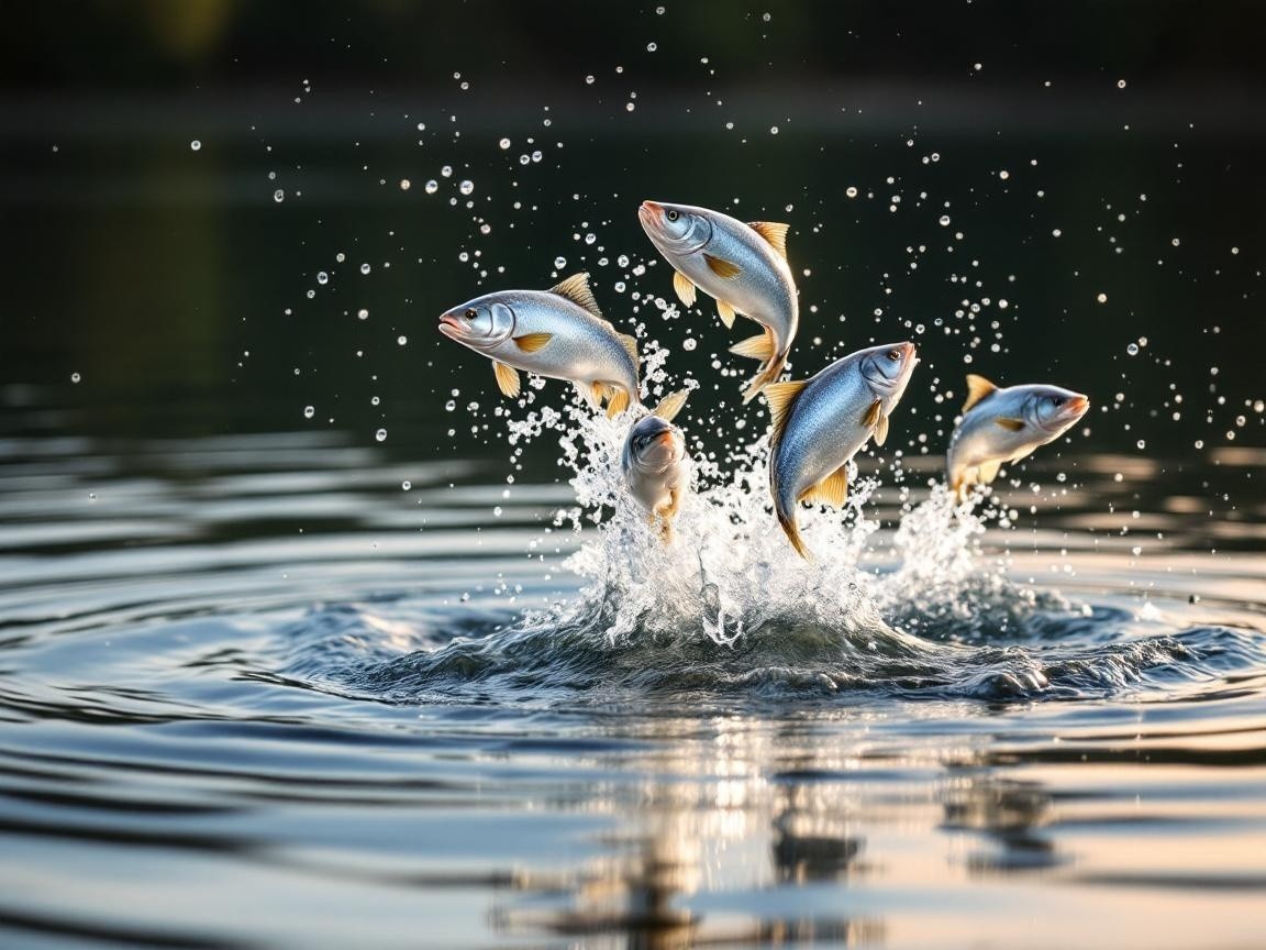 Silver fish leaping from calm water surface