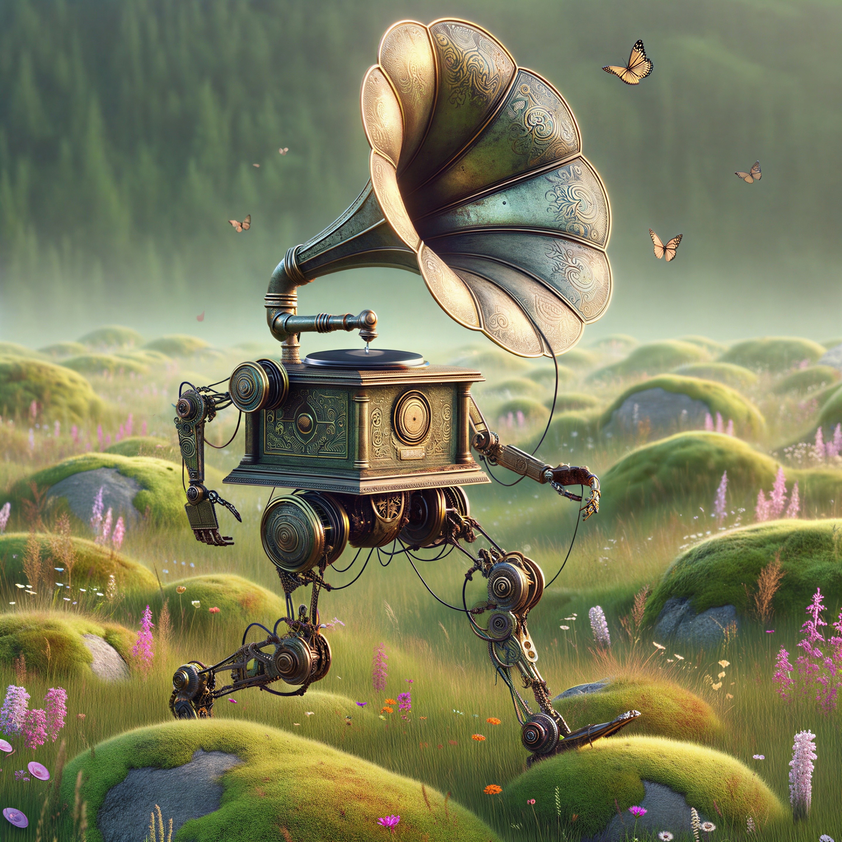 Whimsical robot with gramophone head in lush landscape