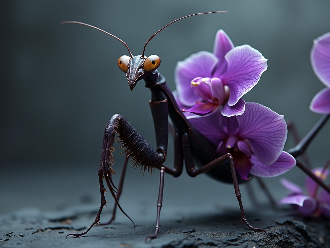 Elegant Mantis Against Vibrant Purple Orchids