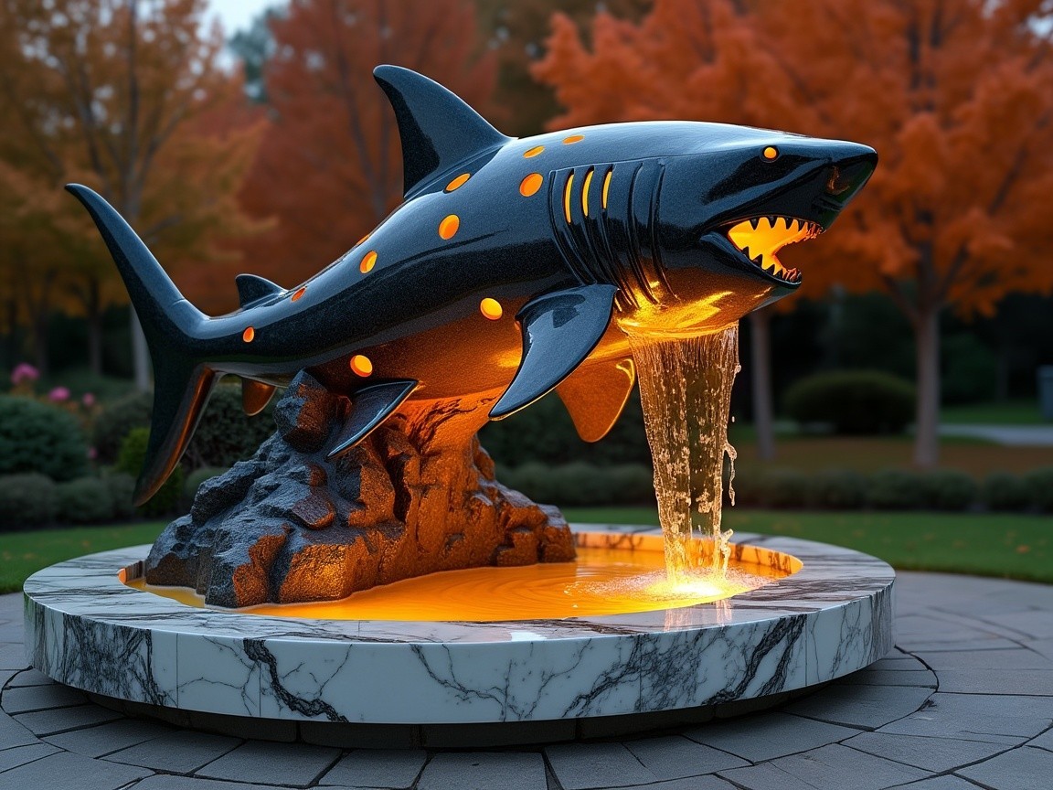 Fountain with Shark Sculpture and Autumn Foliage