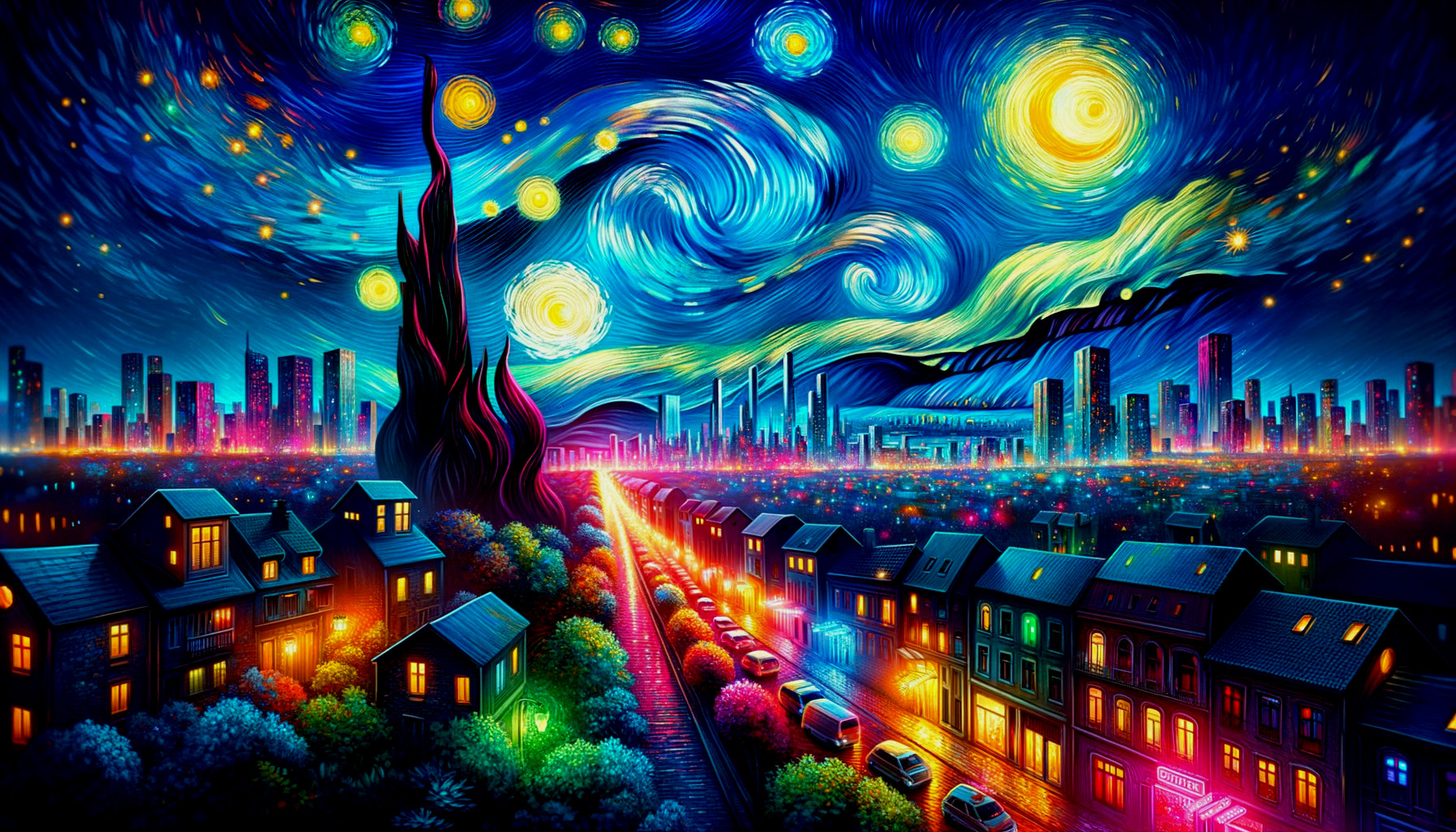Vibrant Cityscape Under Starry Sky with Train Track