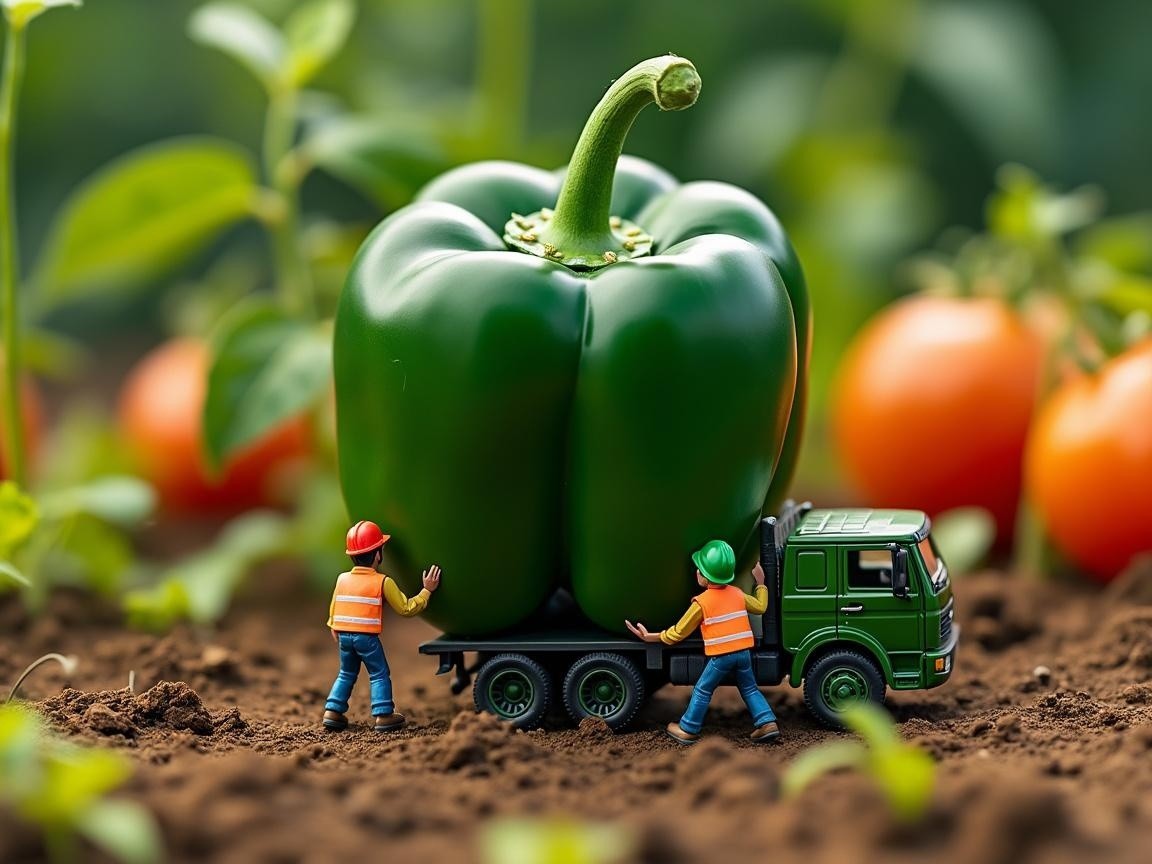 Miniature Workers Lifting Giant Bell Pepper in Garden