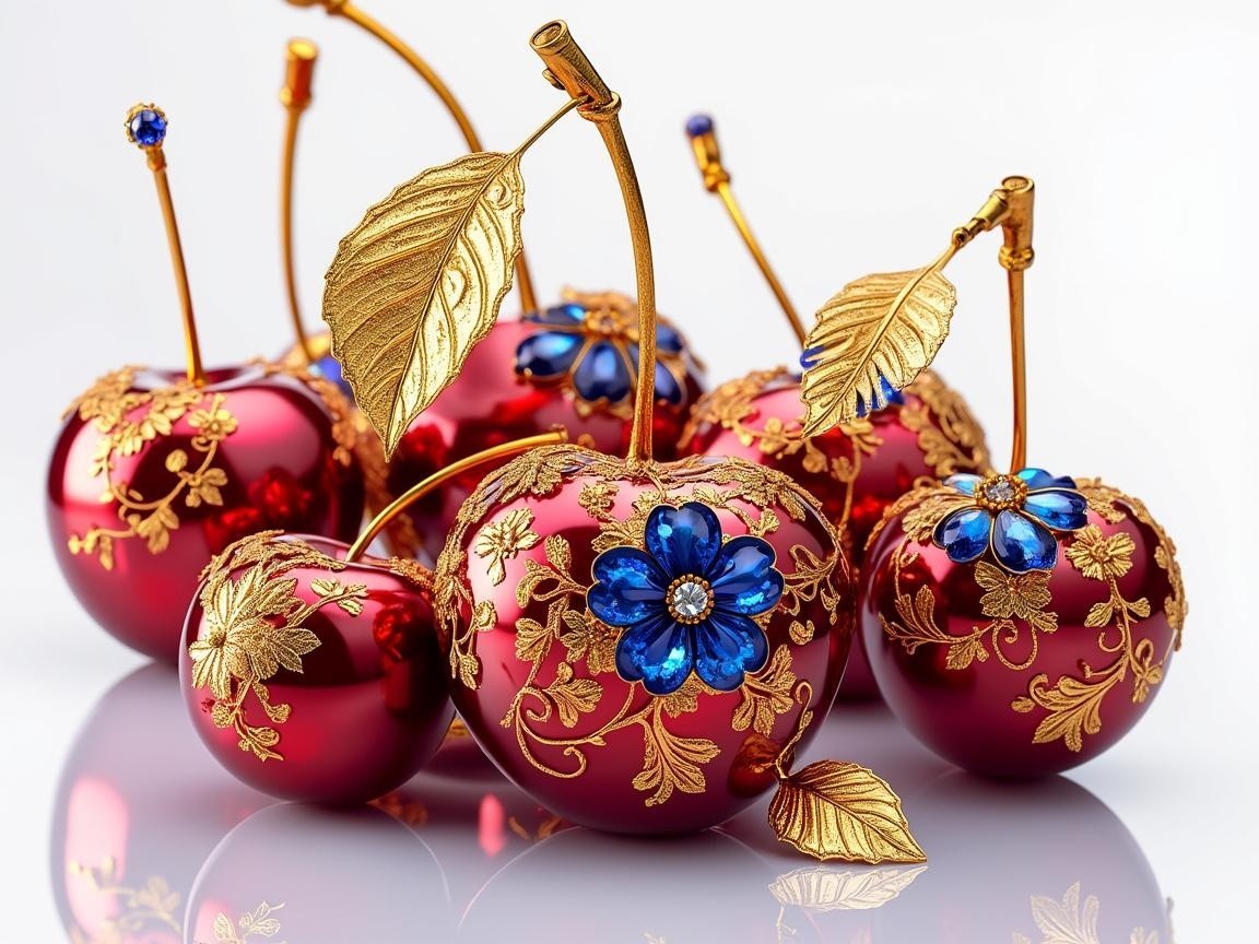 Ornate Red Cherries with Golden Leaves and Flowers