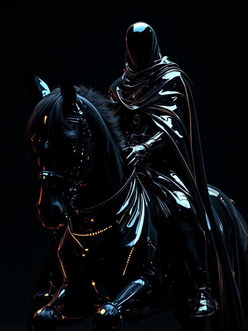 Mysterious figure in black armor on a sleek horse