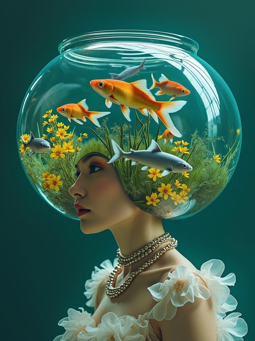 Surreal Portrait of Woman with Fishbowl Head