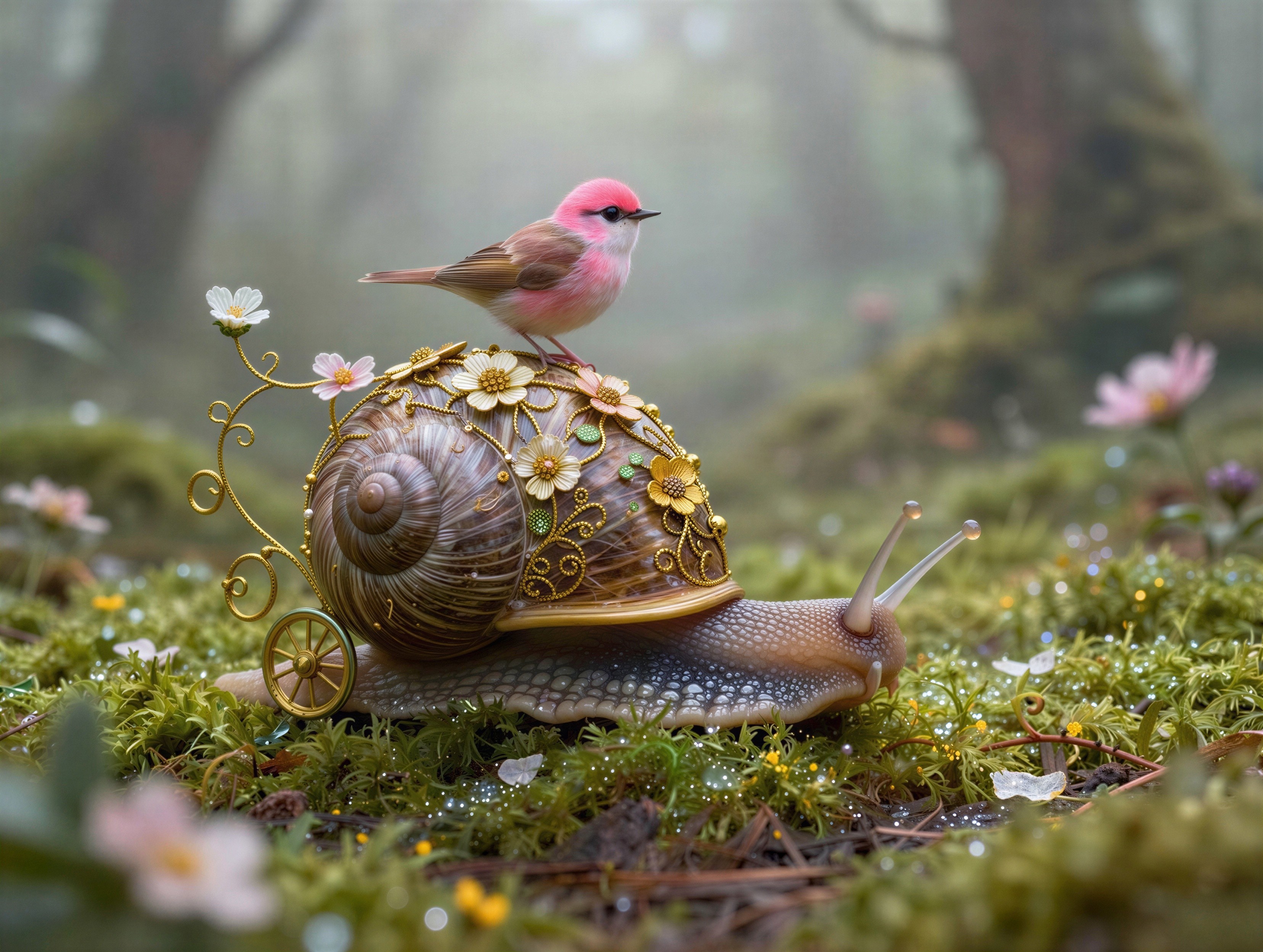 Decorated Snail with Pink Bird and Ornate Shell