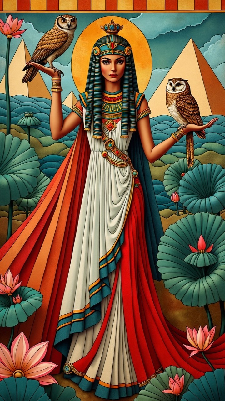 Regal Figure as Ancient Goddess with Owls and Pyramids