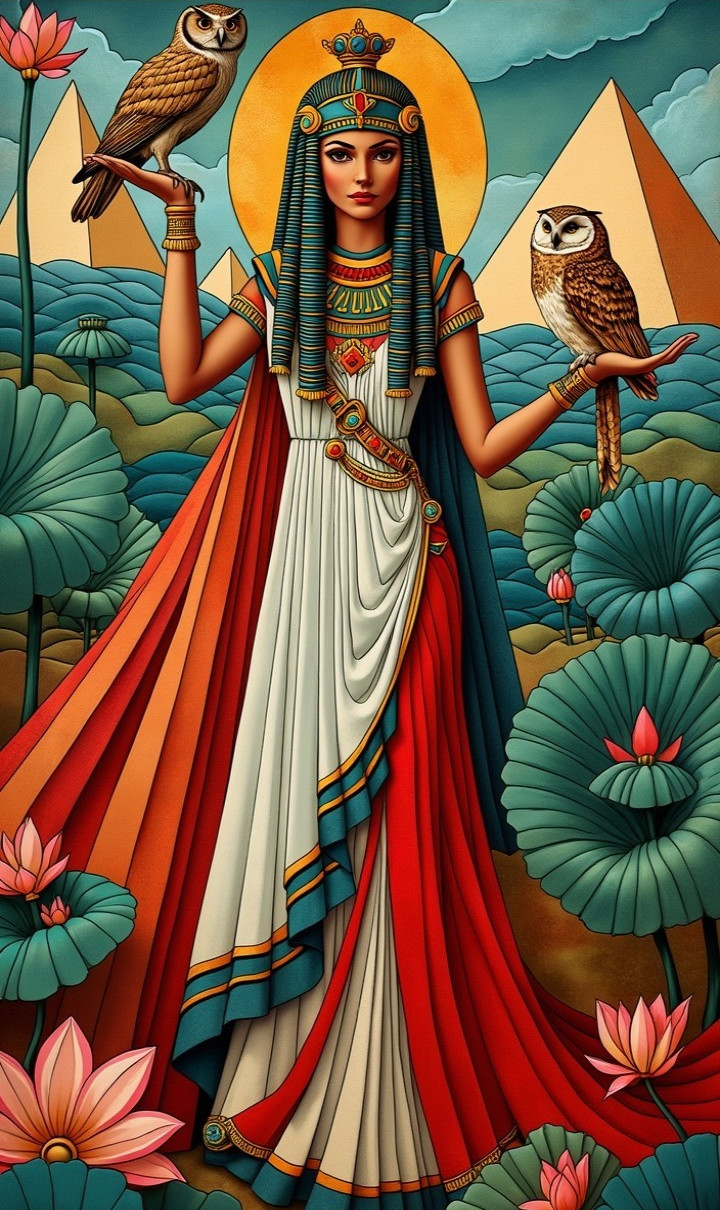 Regal Figure as Ancient Goddess with Owls and Pyramids