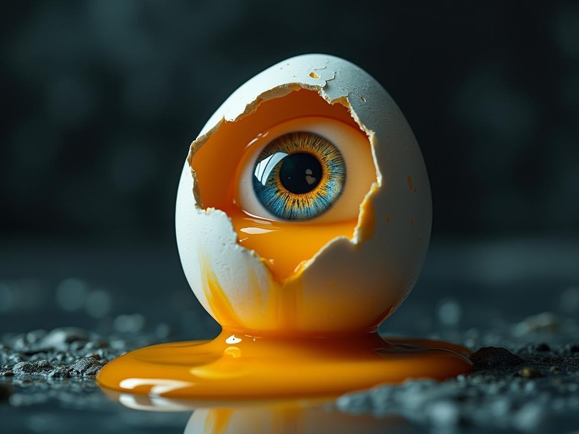 Cracked White Egg with Blue Eye and Golden Yolk