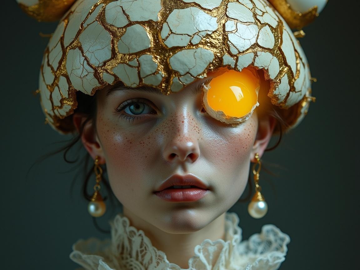 Surreal Portrait of Woman with Eggshell Crown and Yolk Eye