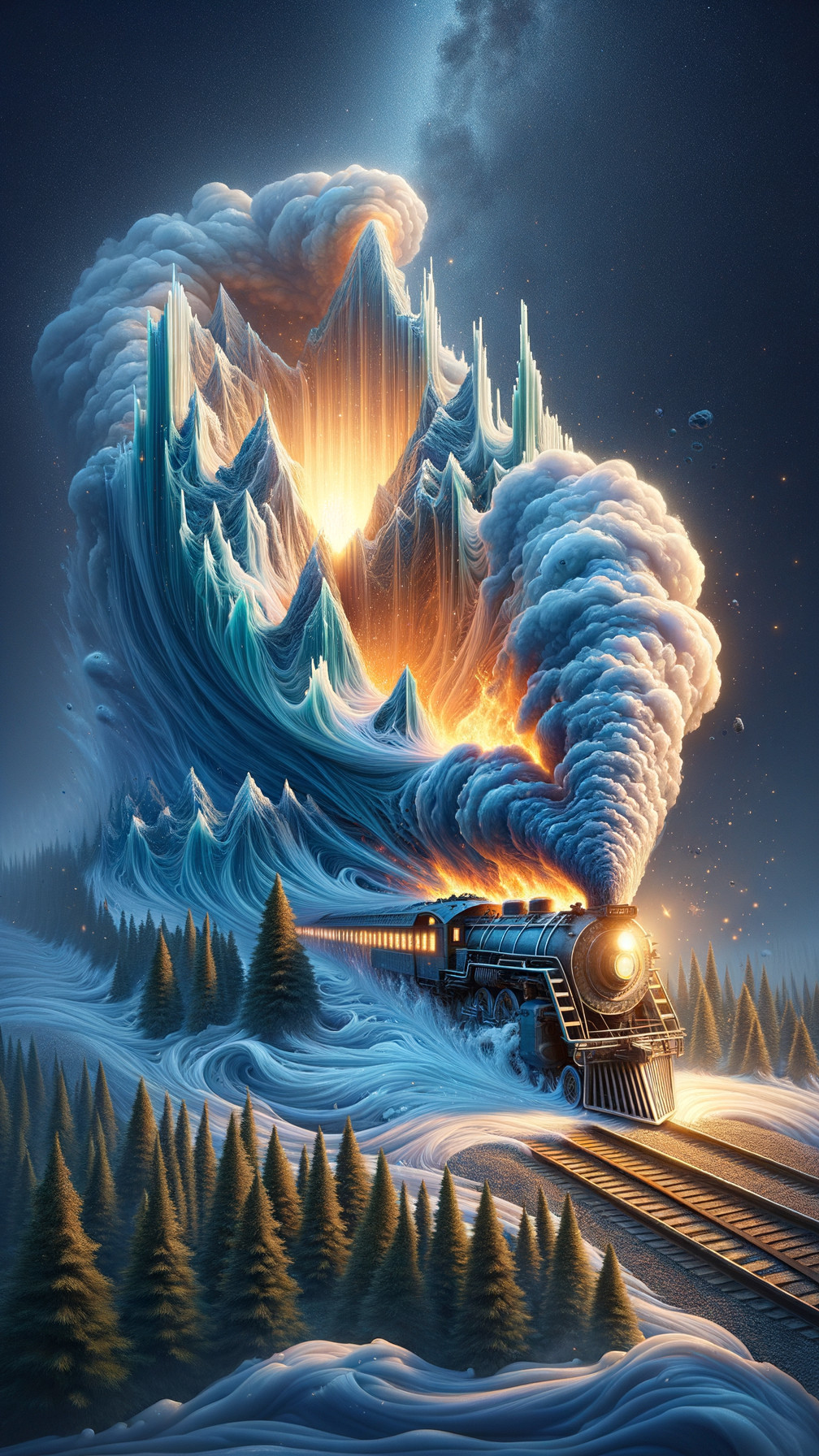 Vintage steam train in snowy landscape with fire and ice