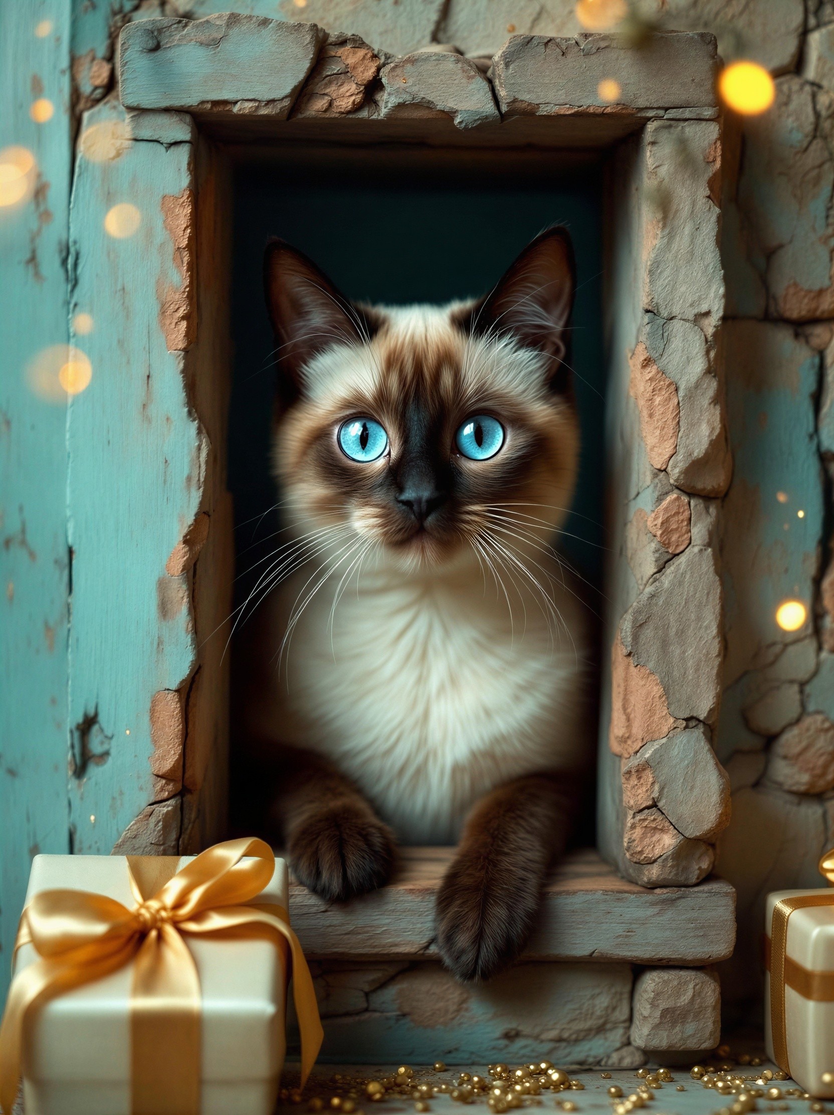 Charming Cat with Blue Eyes by Rustic Window Decor