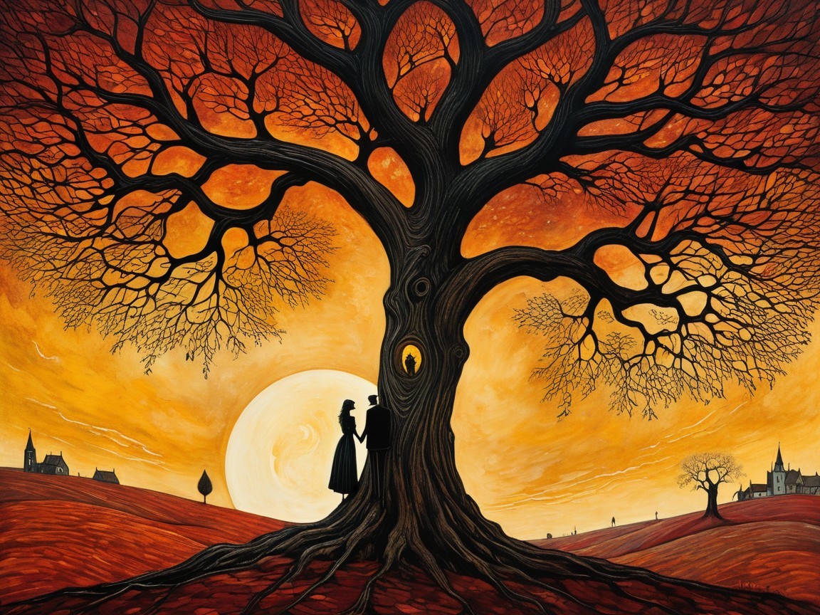 Gnarled Tree Silhouette at Sunset with Figures and Keyhole